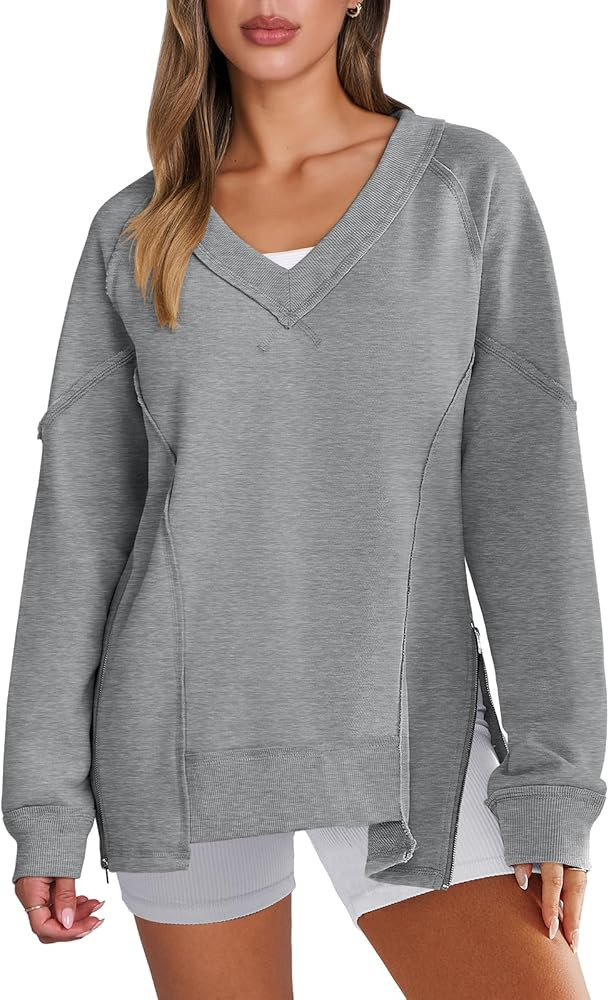 Caracilia Womens Oversized V Neck Sweatshirt Casual Long Sleeve Reverse Seam Side Zipper Pullover... | Amazon (US)