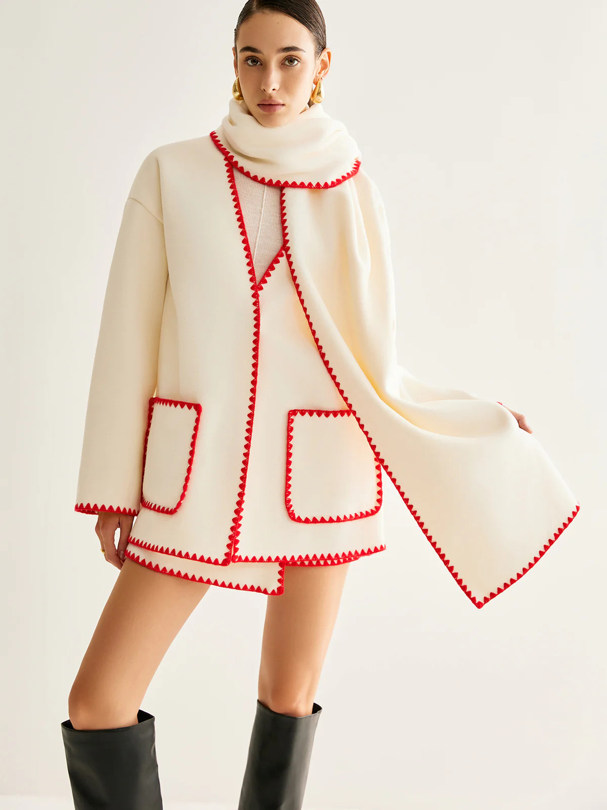 Embroidered Trim Tweed Coat With Matching Scarf | Commense