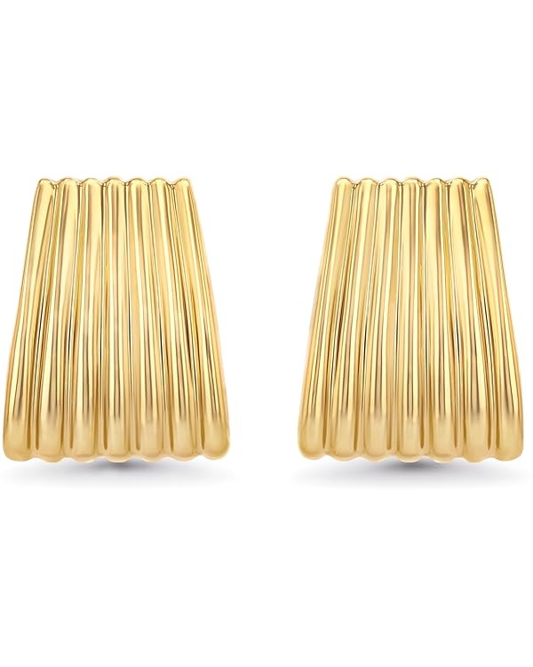 Gold Chunky Statement Earrings for Women, Small Handmade Trendy Stud Ribbed Jewelry Gifts, Rectan... | Amazon (US)