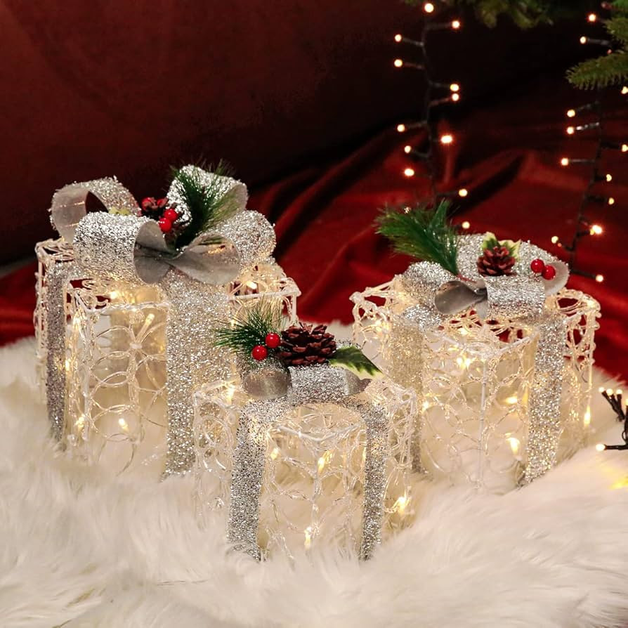 Gresonic Set of 3 Lighted Gift Boxes Christmas Decorations, Clear Acrylic Pre-lit Present Boxes, ... | Amazon (US)