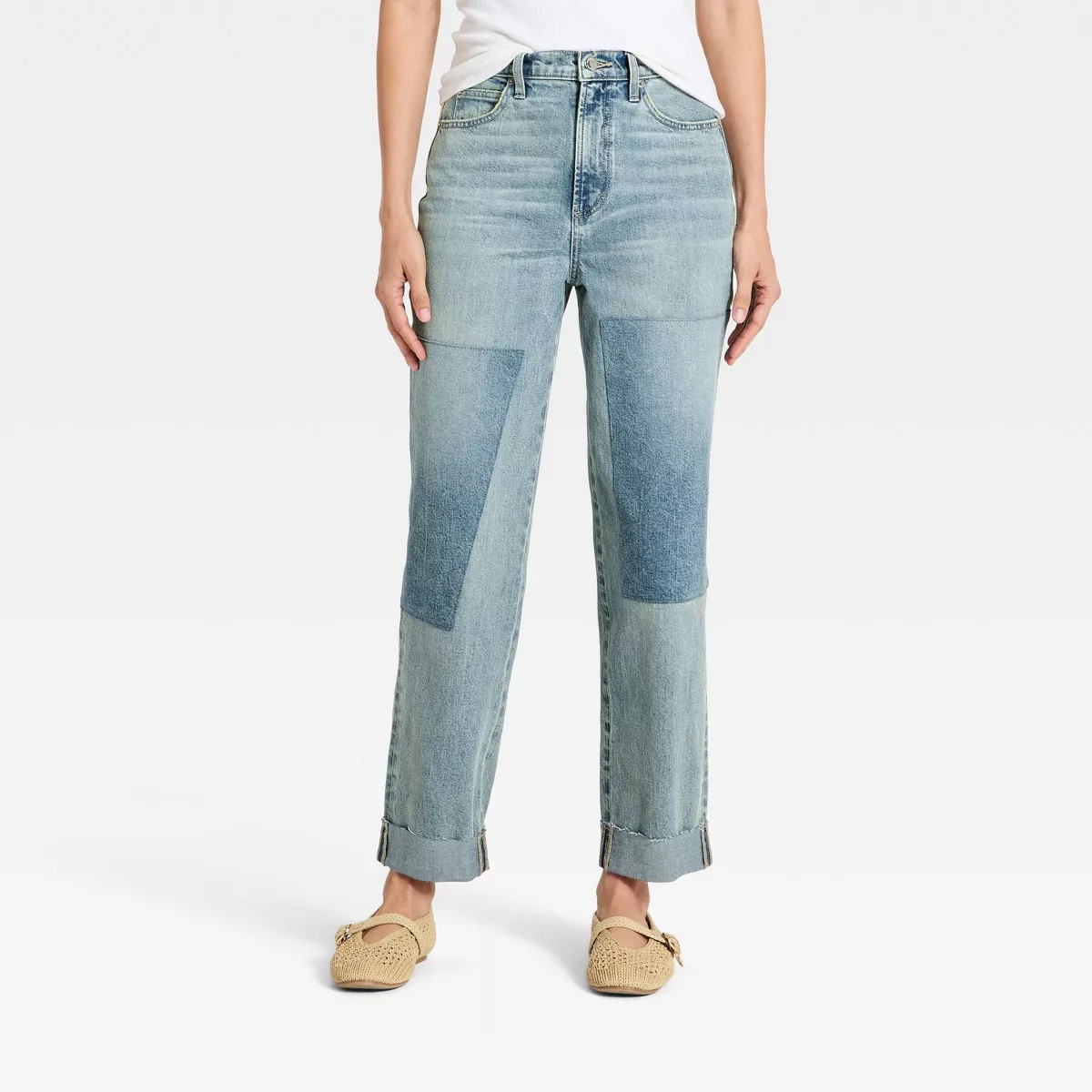 Women's High-Rise Straight Leg Cropped Patchwork Pants - Universal Thread™ Medium Wash 14 | Target