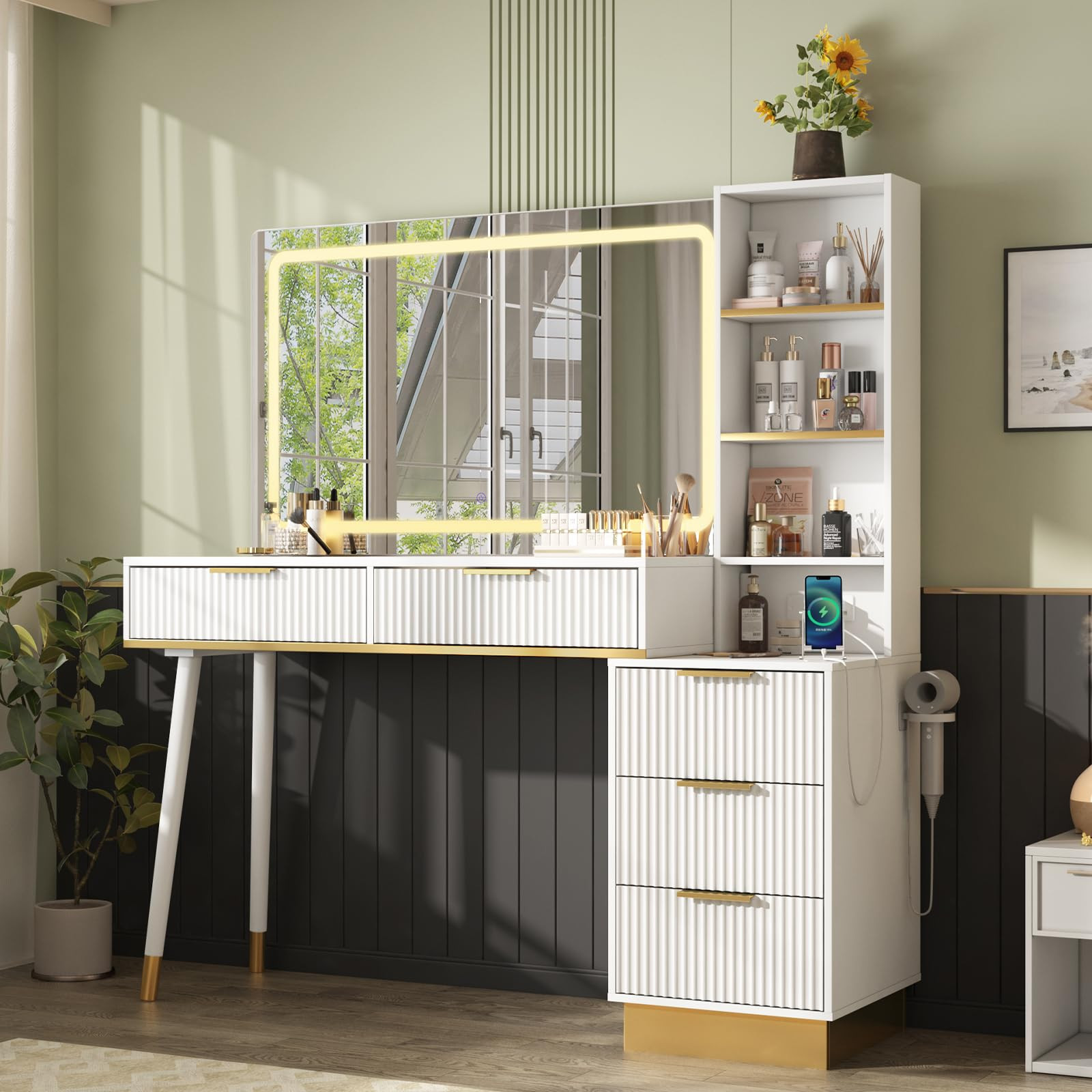 AMERLIFE 48" Vanity Desk with 35" Large Lighted Mirror, Big Modern Makeup Vanity Table with 5 Dra... | Amazon (US)