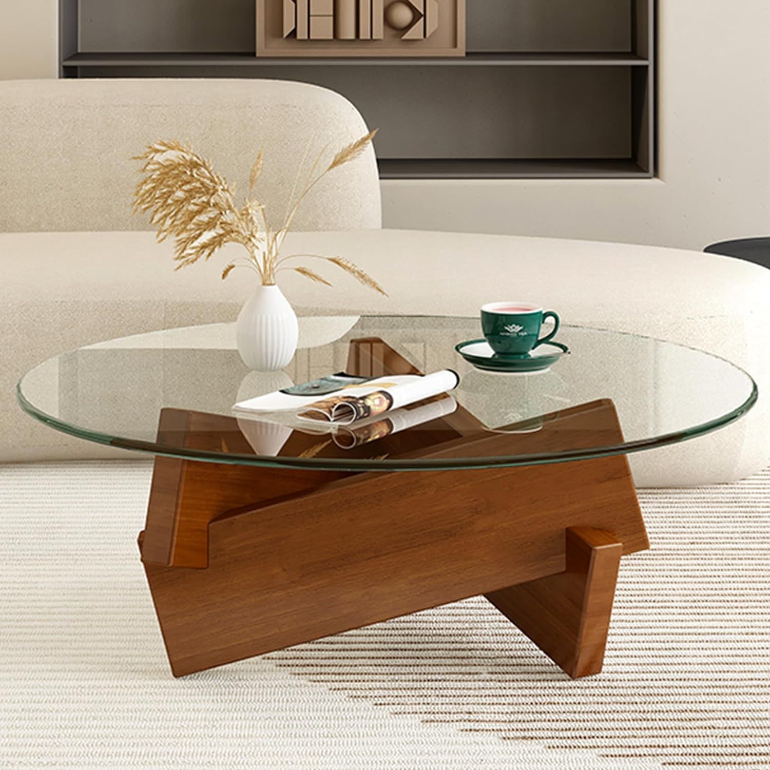 Coffee Table, Round Coffee Table for Living Room Modern Glass Coffee Table with Solid Wood Legs F... | Amazon (US)