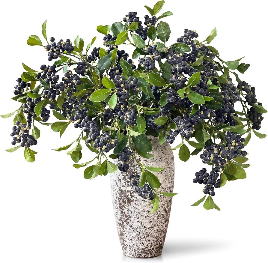 Juxdp 33" Artificial Blueberry Stems for Vase - 8 Pcs Lifelike Faux Blueberries Fruit Branch, Fak... | Amazon (US)