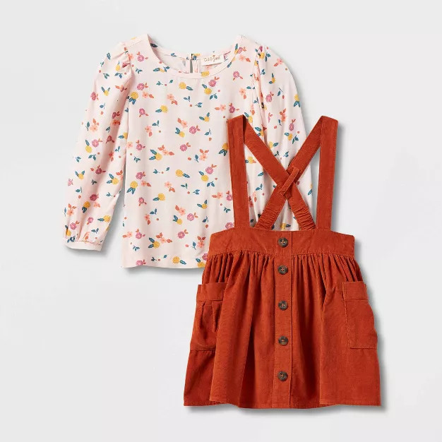 Toddler Girls' Long Sleeve Floral Top & Corduroy Skirtall Set - Cat & Jack™ Orange | Target