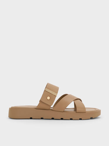 Metallic-Accent Crossover Slides
    
         - Taupe | Charles & Keith UK
