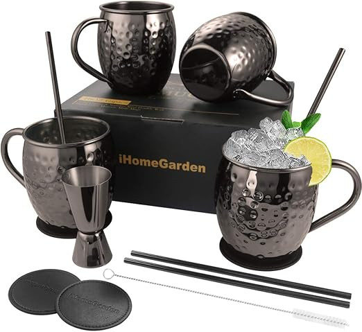DUNCHATY Moscow Mule Mugs Set of 4, Gift Set Black Mule Mugs Pure Solid Hammered Stainless Steel ... | Amazon (US)