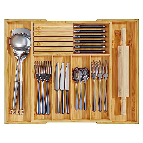 WUSHIZHUHUN Silverware Organizer with Removable Knife Block - Bamboo Utensil Organizer for Kitchen Drawers Expandable Cutlery Organizer W12.8-20.2" x L16 x H2 (Yellow) | Amazon (US)