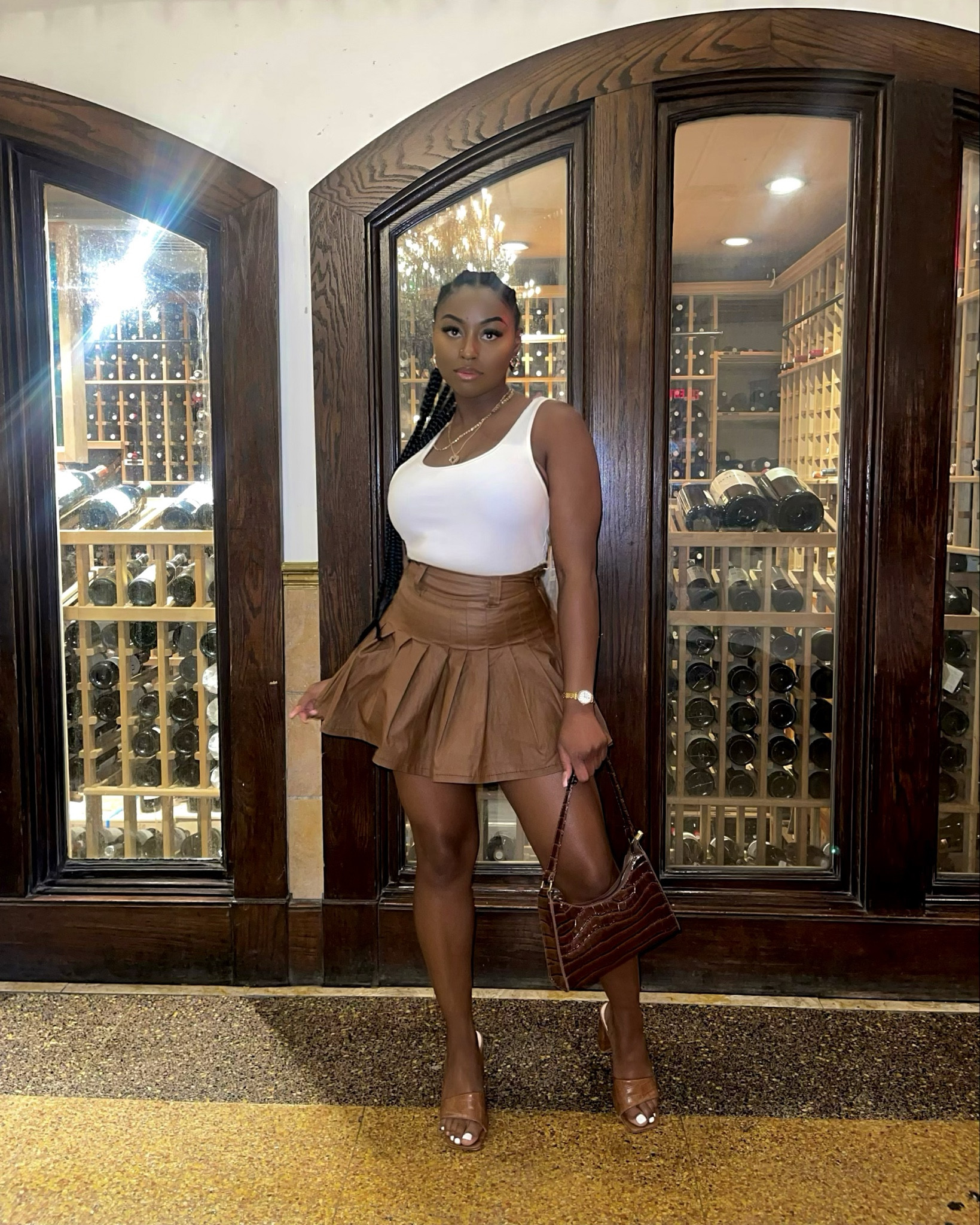 Dine in style 🤎 I love this pleated skirt and tank top combination. It’s the perfect brunch or dinner out! Pleated skirt. Spring outfit. Summer outfit. How to style pleated skirt. Brown look. 

5’2 | 140 lbs | size M/6 | shoe size 8

#Brownoutfit #fashionvlogger #affordablefashion 

#LTKfindsunder50 #LTKstyletip #LTKbeauty