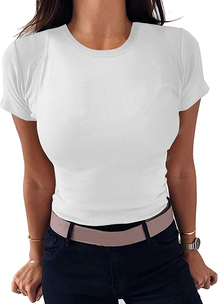 Roselux Women Crew Neck Ribbed Fitted Tight Tshirt Short Sleeve Shirt Basic Knit Top | Amazon (US)