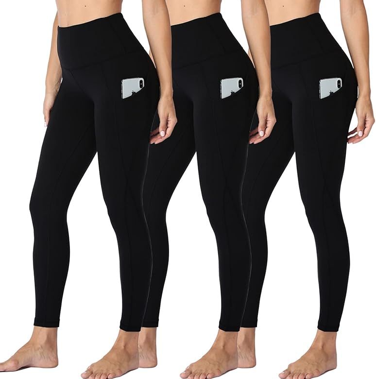 HLTPRO 3 Pack Leggings with Pockets for Women - High Waisted Tummy Control Capri Yoga Pants for W... | Amazon (US)