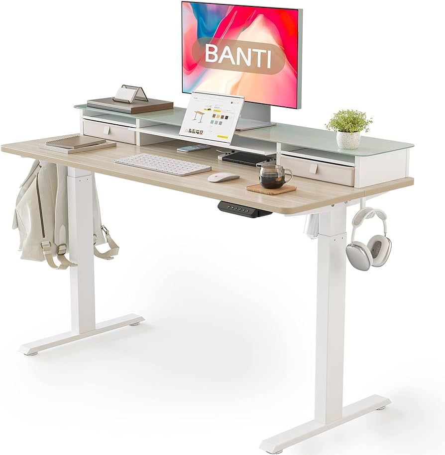 BANTI 48"x 26" Electric Standing Desk with Glass Top Monitor Stand, Adjustable Sit Stand Up Table... | Amazon (US)