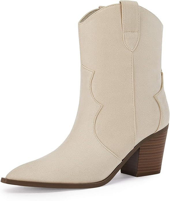 Coutgo Women's Cowgirl Boots Ankle Booties Pointed Toe Low Chunky Heel Western Cowboy Boots | Amazon (US)