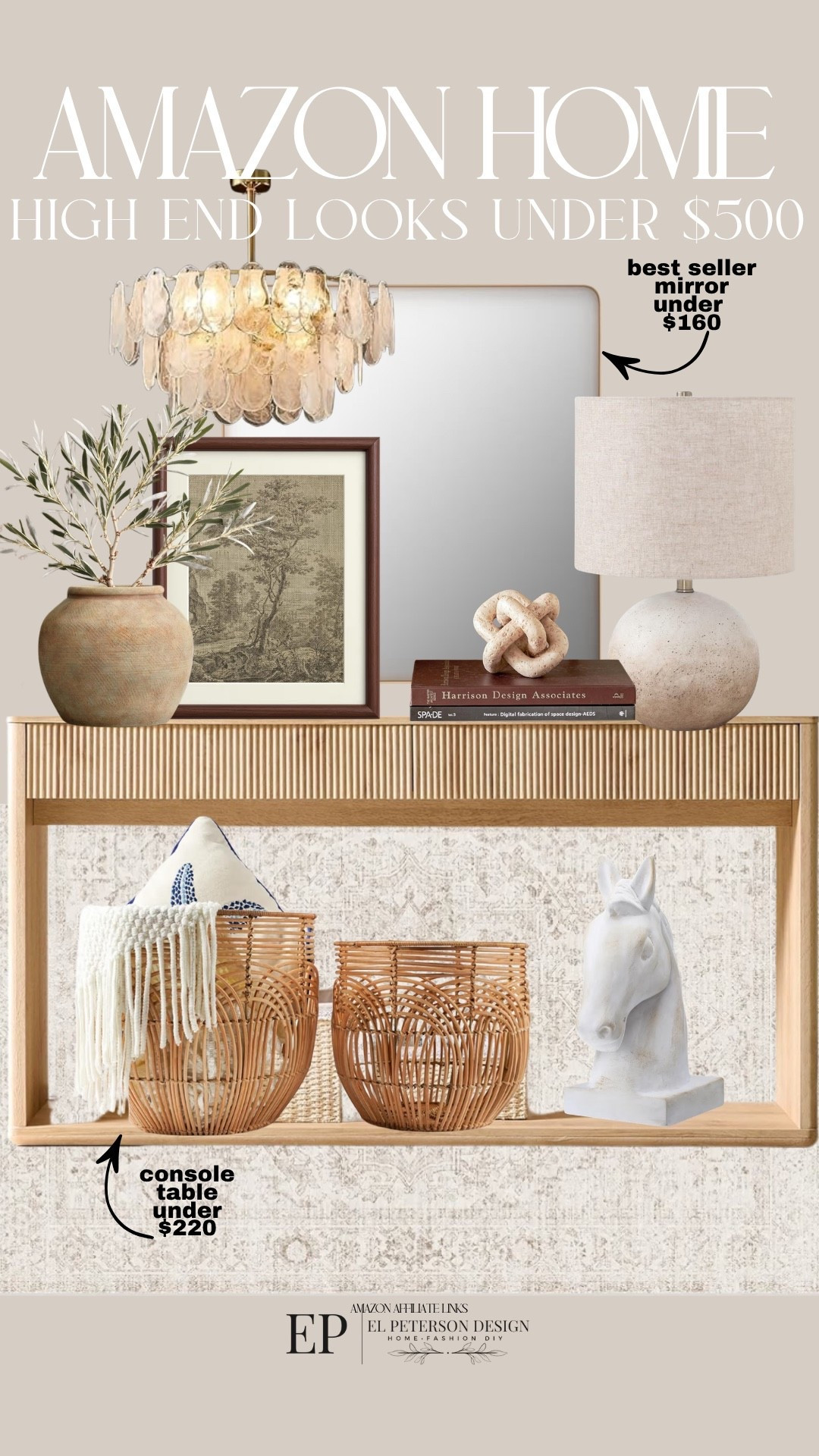 Amazon
Console table
Table lamp
Basket
Artwork
Vase
Pendant light
Horse bust
Decorative knot
Wicker basket 
Mirror 

#LTKHome