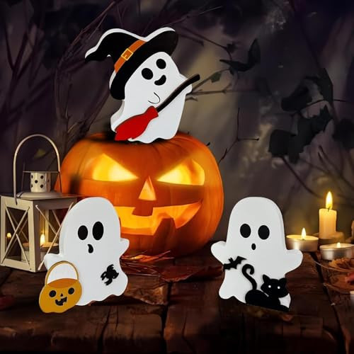 3 Pcs Cute Ghost Halloween Decorations for Indoors - Halloween Spooky Wooden Tiered Tray Decor Table Sign, Black Cat, Bat for Halloween Home Kitchen Party Table Decorations (Ghost Decorations A) | Amazon (US)