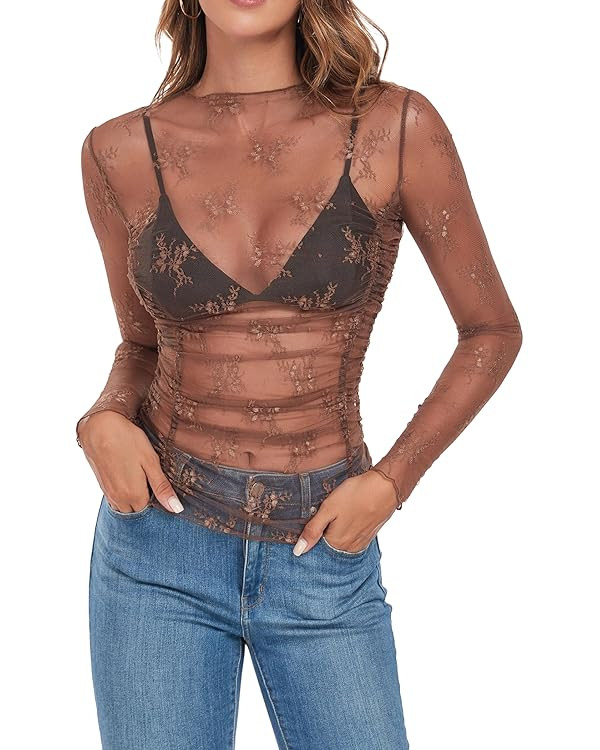 ZAFUL Women Mesh Long Sleeve Tops Lace Mock Neck Sheer See Through Shirts Ruched Floral Slim Fit ... | Amazon (US)