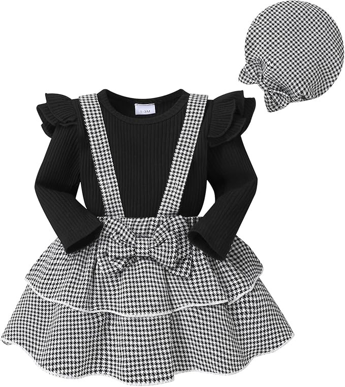 Infant Baby Girl Fall Outfit Ruffle Sleeve Romper Plaid Suspender Skirt Sets Layered Dress with H... | Amazon (US)