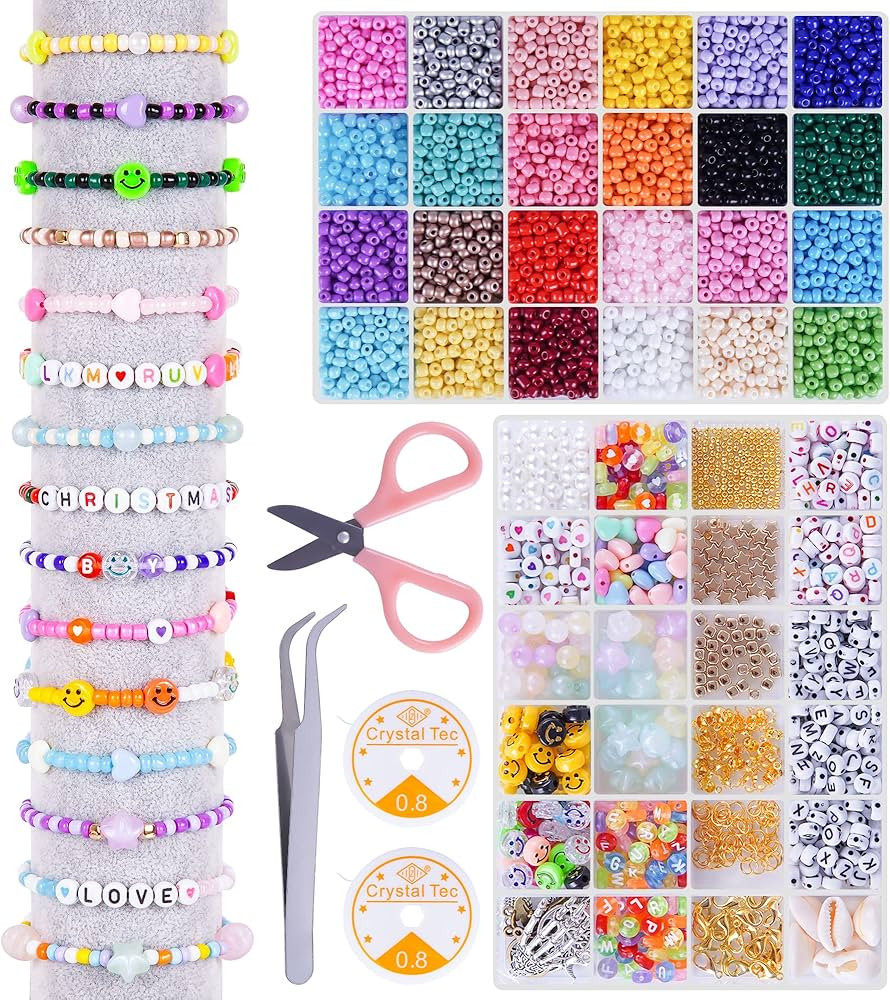 Bemece 6900 Pcs Glass Seed Beads Set, 4mm Craft Seed Beads, 24 Colors Glass Pony Beads Making Kit... | Amazon (UK)