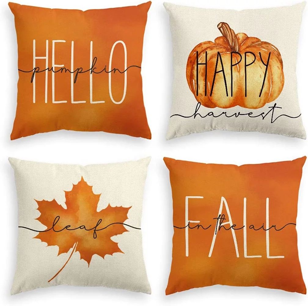 Artoid Mode Hello Fall Happy Autumn Pumpkin Leaves Fall Throw Pillow Covers Set of 4 18 x 18 Oran... | Walmart (US)