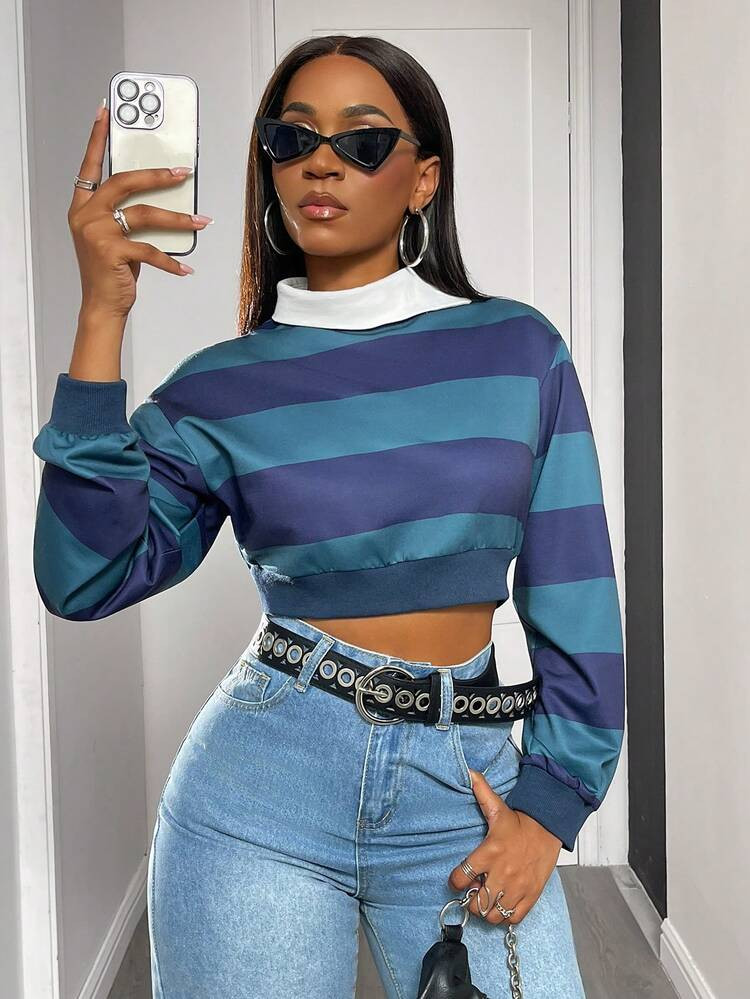 Women's Sexy Street Style Asymmetric Contrast Striped Collared Long Sleeve Cropped Sweatshirt, Autumn/Winter | SHEIN