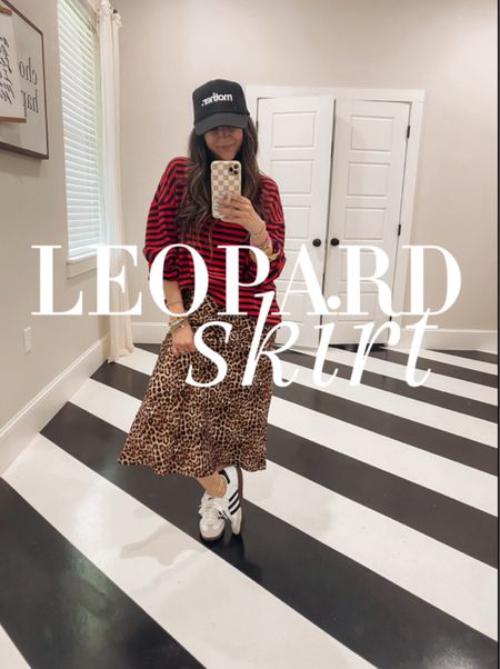 Silk leopard skirt: TTS (wearing normal size small) 
Stripe top: sized up one size! 
Adidas Sambas: run big; size down! 

#LTKShoeCrush #LTKWorkwear #LTKFindsUnder100