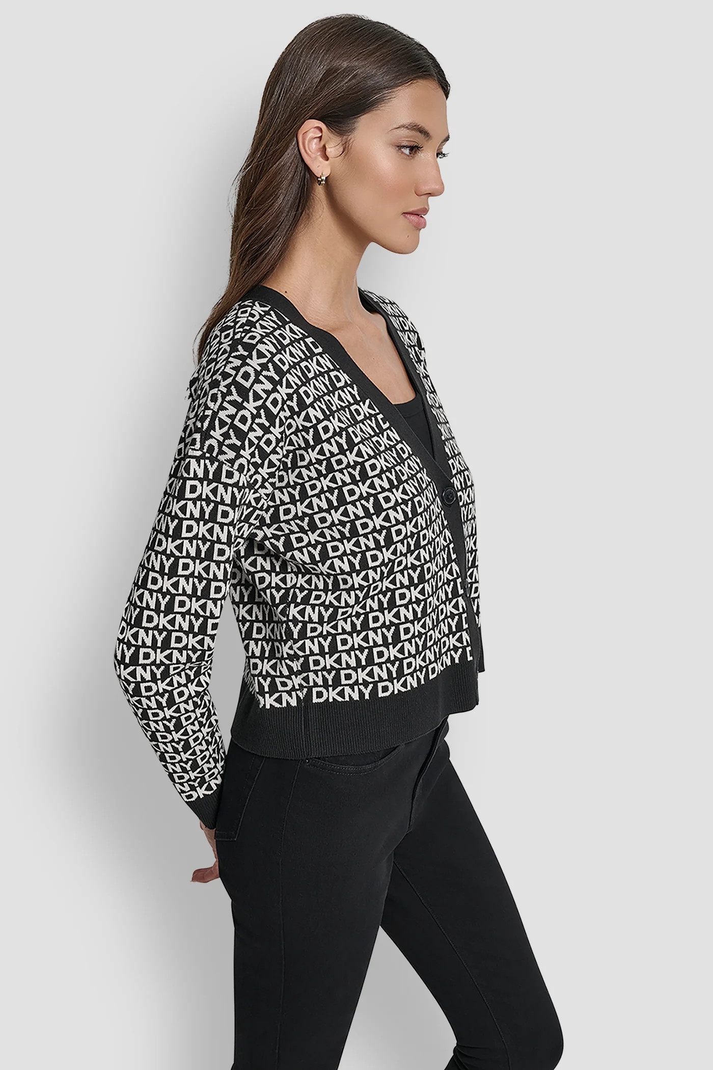 LOGO JACQUARD LONG SLEEVE V-NECK CARDIGAN | DKNY