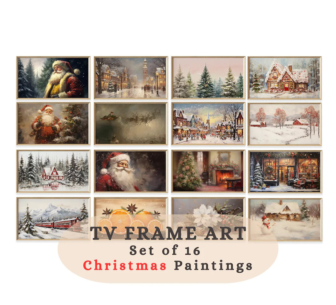 Set of 16 Christmas TV Frame Art, Santa Claus Oil Painting, Winter and Christmas Decor, Holiday A... | Etsy (US)
