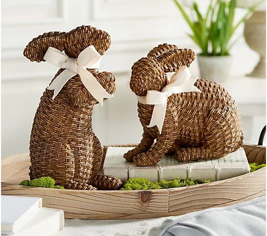 Set of 2 Wicker Design Bunny Figures with Ribbon by Valerie - QVC.com | QVC