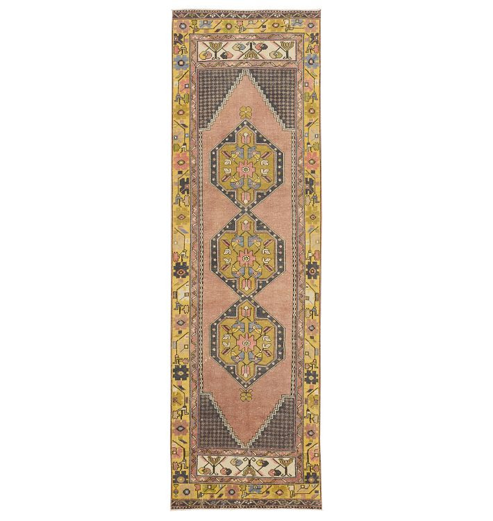 Vintage Turkish Hand-Knotted Wool Runner Medallion Yellow 9-1/2 x 3ft | Rejuvenation