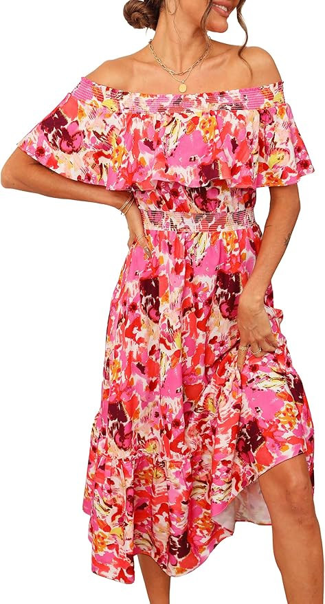 Prettywear Women's Casual Boho Off Shoulder Midi Dress Floral Print Short Sleeve A Line Flowy Sum... | Amazon (US)