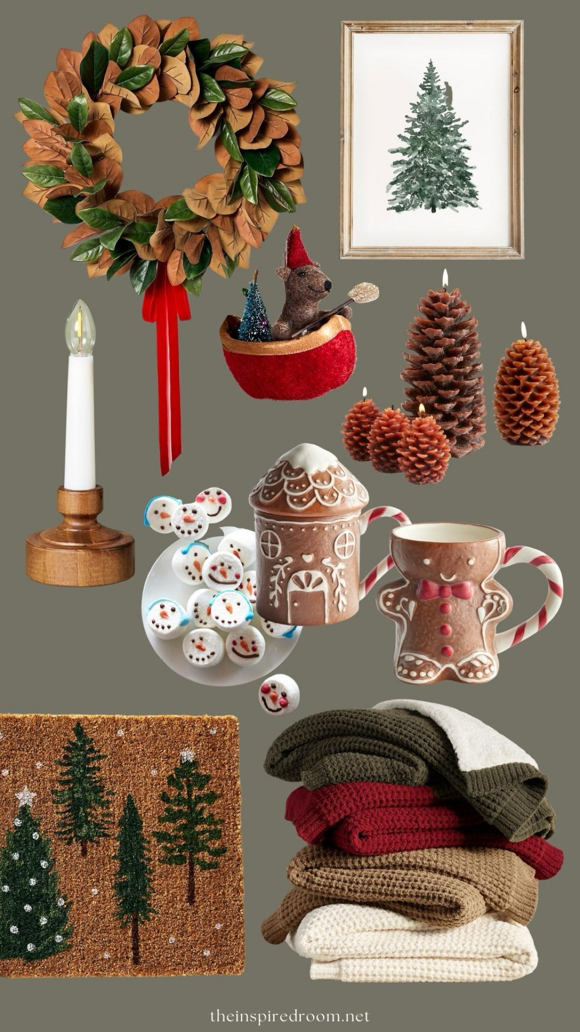 Christmas decor - magnolia leaf wreath, window candle, snowman marshmallows, gingerbread house mug with lid, gingerbread man mug, cozy Sherpa waffle blanket, tree doormat, pinecone candles, evergreen tree wall art, felt animal ornament 

#LTKSeasonal #LTKHoliday #LTKhome