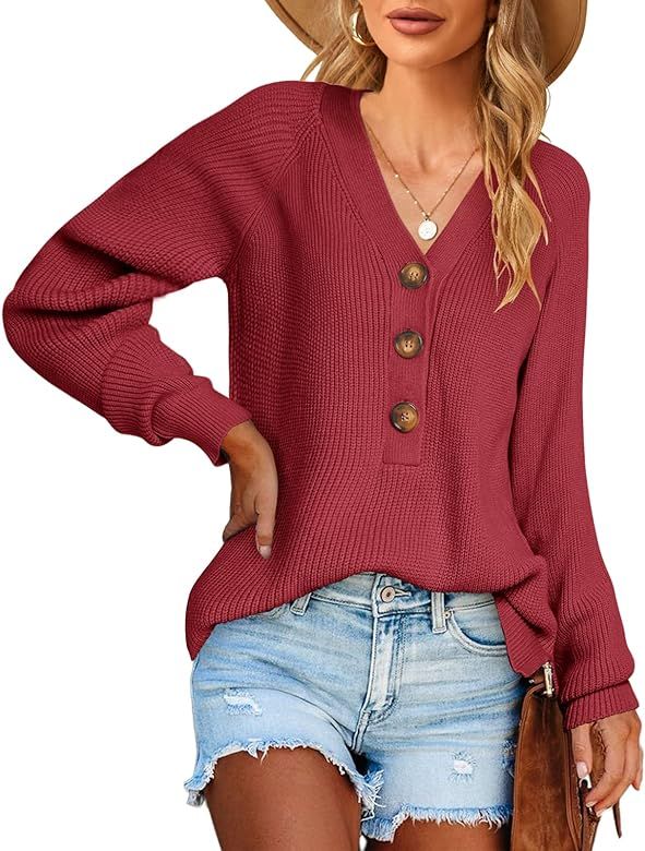 Womens Sweaters Long Sleeve V Neck Button Down Ribbed Knit Sweater Casual Relaxed Fit Pullover Jumper Tops | Amazon (US)