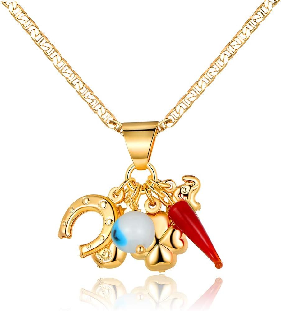 Barzel 18K Gold Plated Luck Charms Necklace With Mariner Chain – Made In Brazil | Amazon (US)