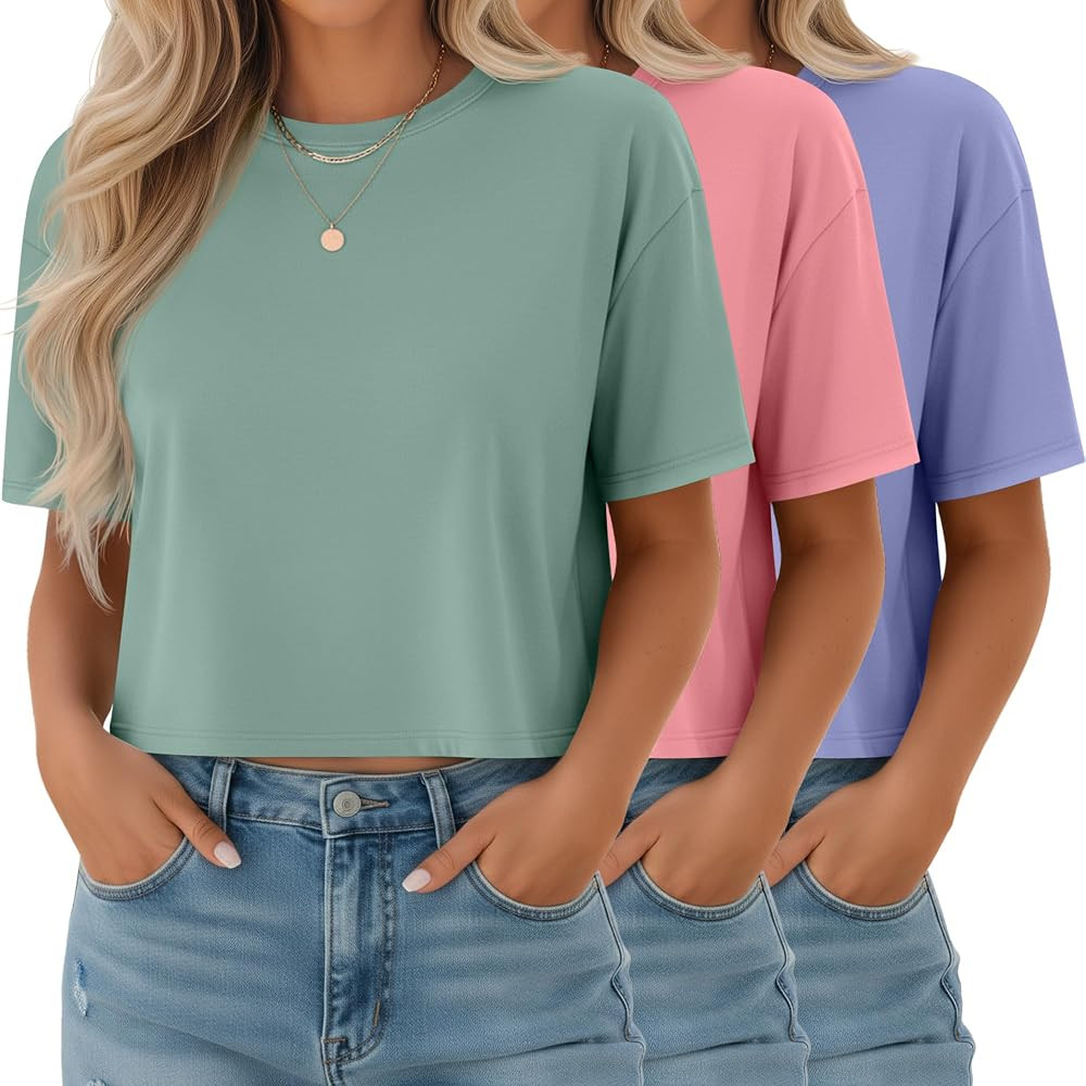 Ficerd 3 Pack Women Crop Tops Half Sleeve Cropped T Shirts Casual Crew Neck Drop Shoulder Loose S... | Amazon (US)