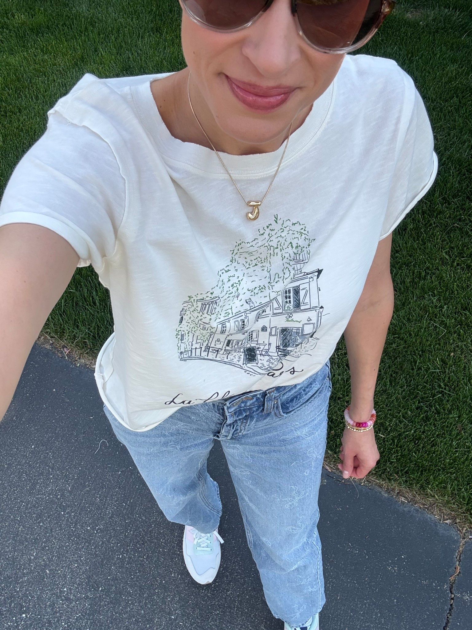 Jeans outfit - target jeans with bows, Anthropologie graphic tee, new balance sneakers, baublebar bracelets and necklace, Amazon sunglasses, spring outfit 

#LTKFindsUnder100 #LTKStyleTip #LTKShoeCrush
