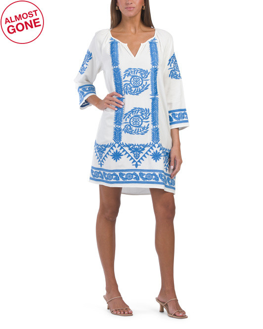 Linen Blend Three Quarter Sleeve Embroidered Mini Dress | TJ Maxx