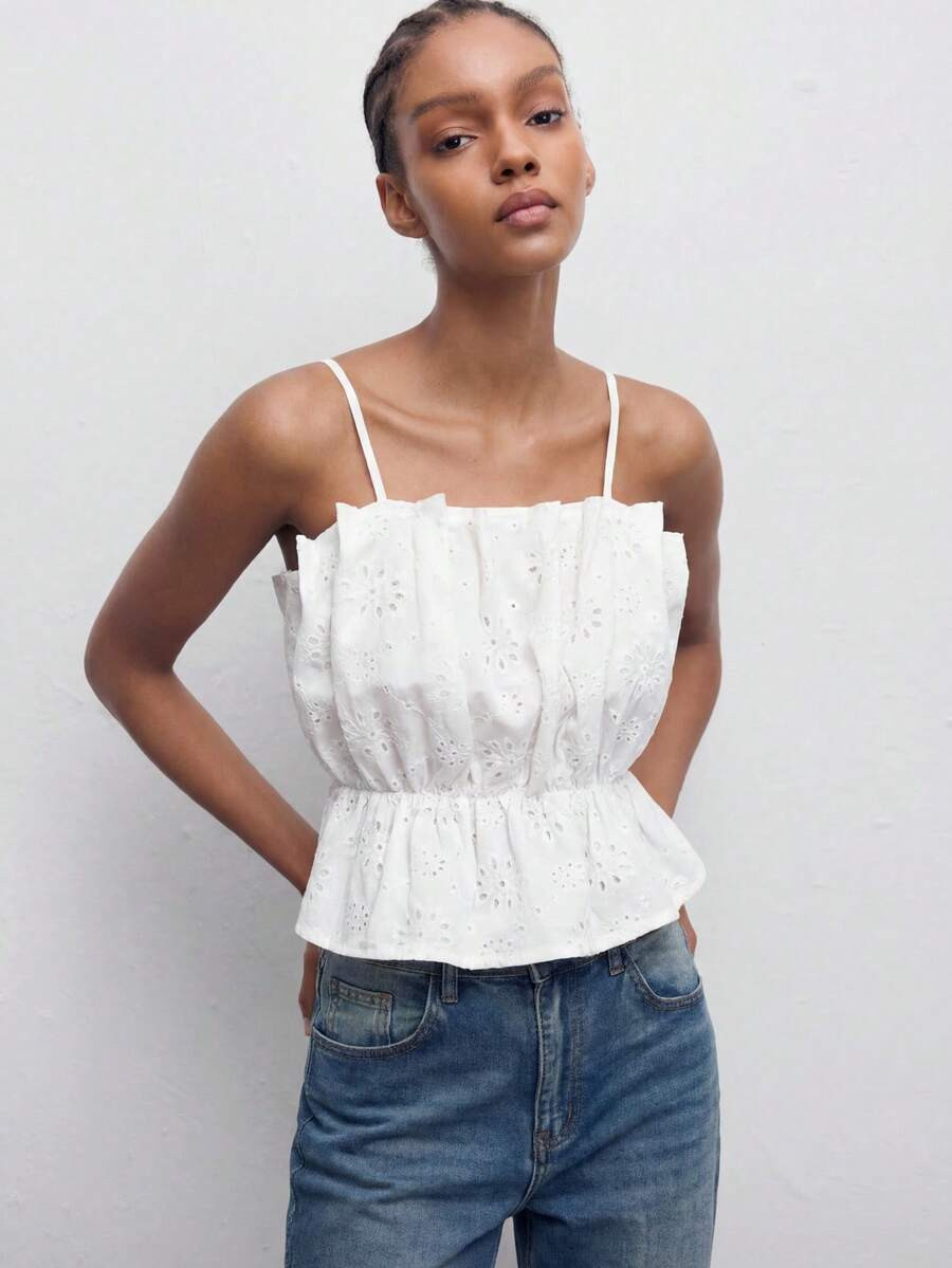 Maija Women's Summer Minimalist Solid Color Hollow Embroidery Ruffle Hem Blouse, Going Out Outfit... | SHEIN