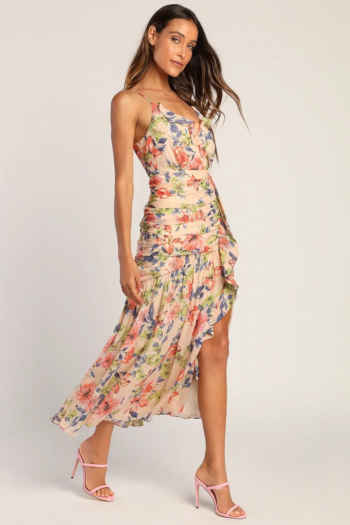 Stunning Soiree Blush Pink Floral Print Ruched Midi Dress | Lulus (US)