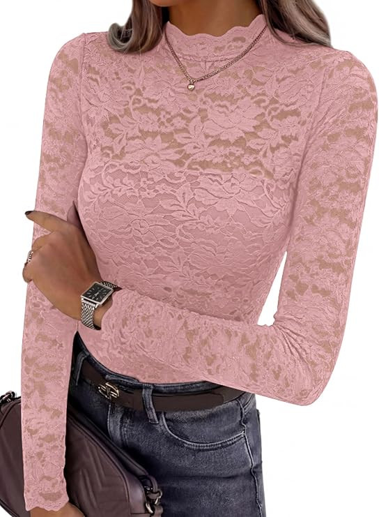 PRETTYGARDEN Womens Lace Long Sleeve Tops Sheer Mesh Blouse | Mock Neck Floral See Through, Slim ... | Amazon (US)