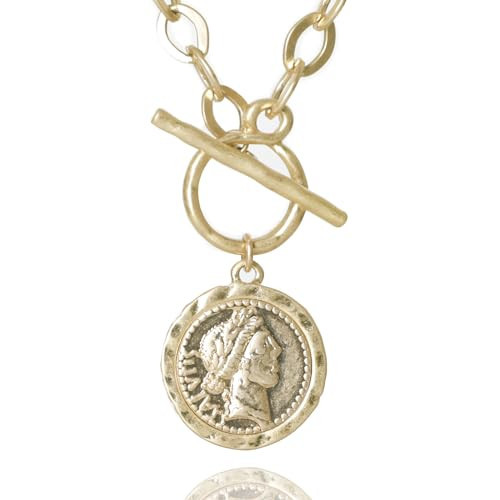 Cmarts Antique Gold Plated Roman Coin Necklace for Women 18 Inch Thick Link Chain Pendant Necklace Birthday Anniversary Jewelry Gift for Women (Worn Gold) | Amazon (US)