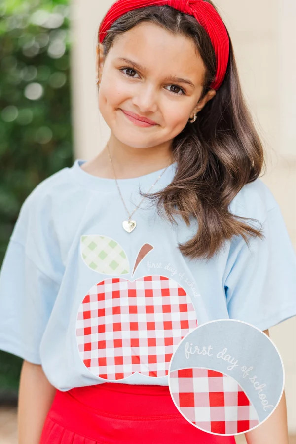 Girls: Gingham Apple Light Blue Graphic Tee | The Mint Julep Boutique