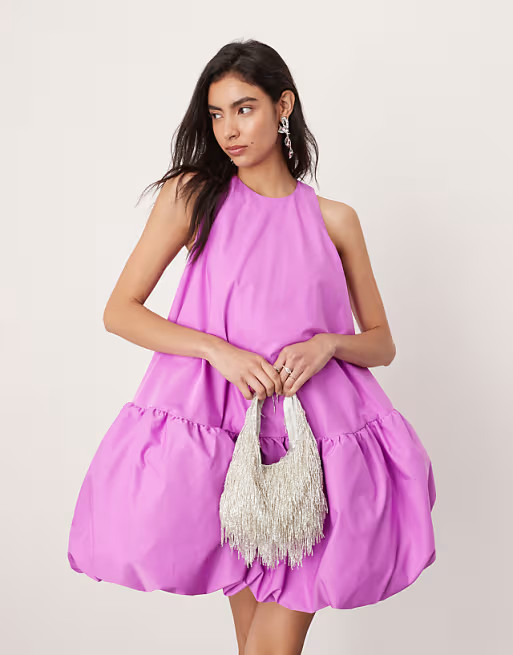 ASOS EDITION scoop neck puff ball mini dress in purple | ASOS (Global)