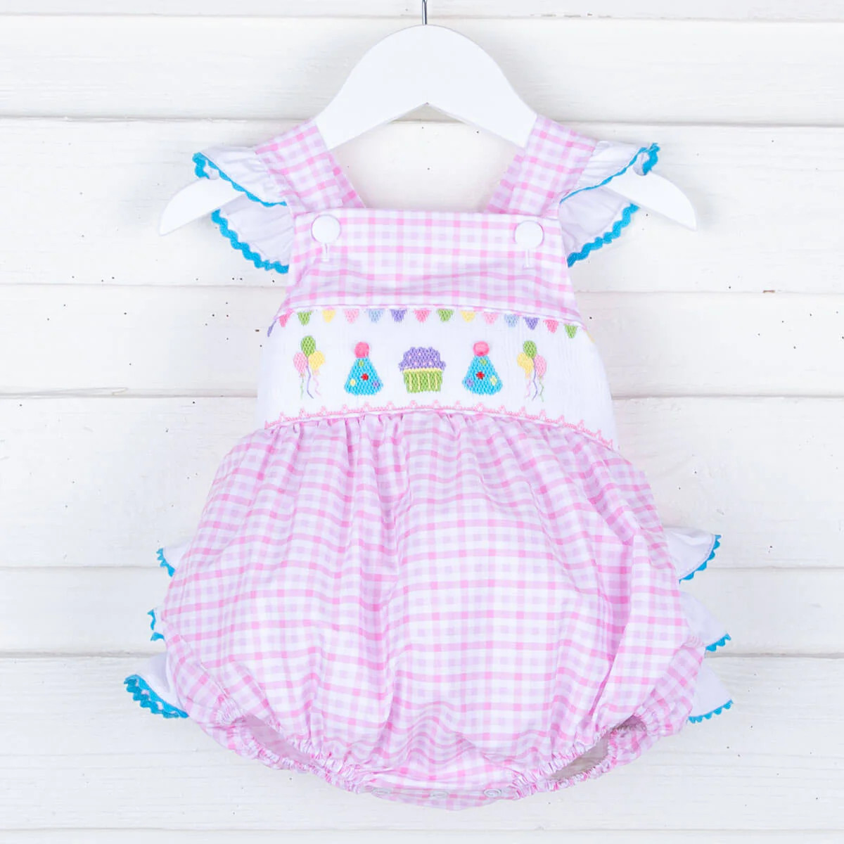 Birthday Smocked Pink Check Leah Bubble | Classic Whimsy