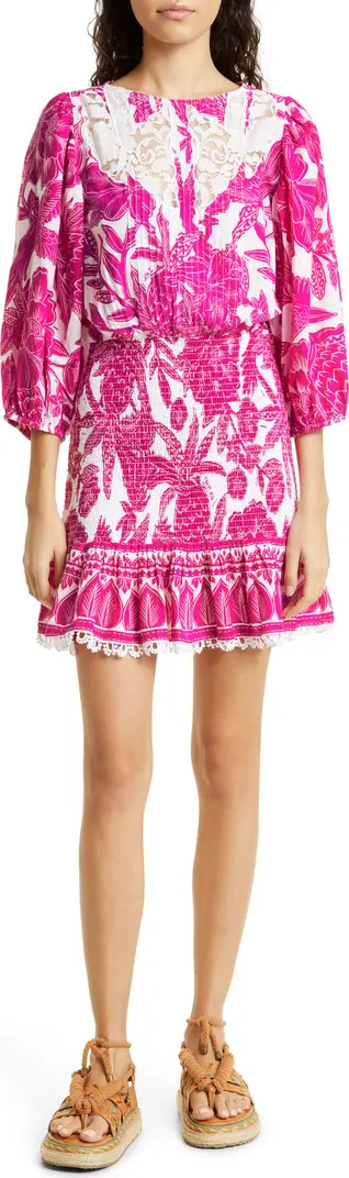 FARM Rio Tropical Woodcut Smocked Cotton Minidress | Nordstrom | Nordstrom