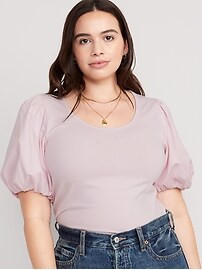 Fitted Puff-Sleeve Paneled Rib-Knit T-Shirt for Women | Old Navy (US)