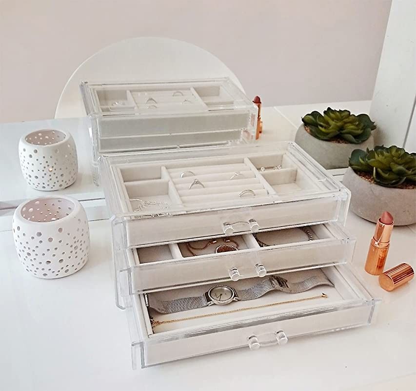 HerFav Acrylic Jewelry Organizer Box with 3 Drawers, Clear Jewelry Boxes for Women Earring Rings Ban | Amazon (US)