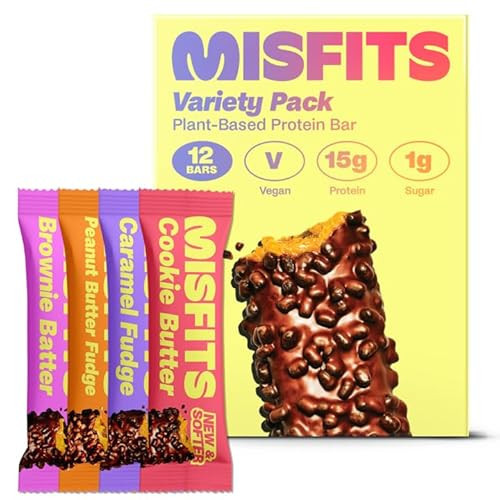 Misfits Vegan Protein Bars - Updated Recipe | Plant Based, Low Sugar & Carb, High Fiber Snacks | Variety Pack of 12 (4 Flavors) | Amazon (US)