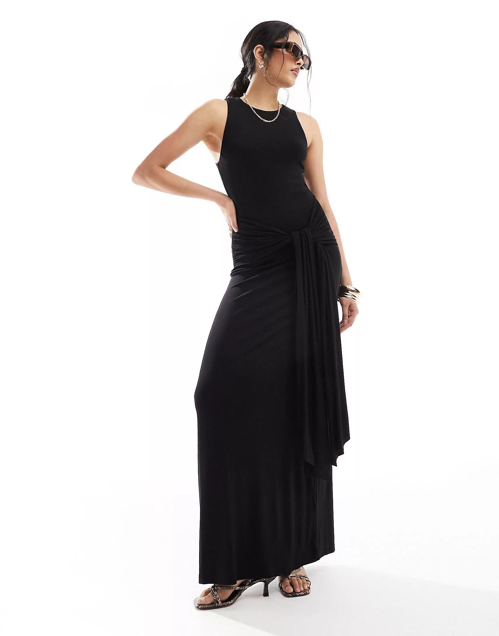 ASOS DESIGN maxi dress with drape tie front in black | ASOS | ASOS (Global)