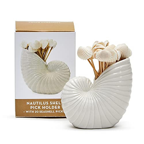 Two's Company Nautilus Shell with 20 Seashell Picks, 3-inch Height, Ceramic, Toothpick Holder | Amazon (US)