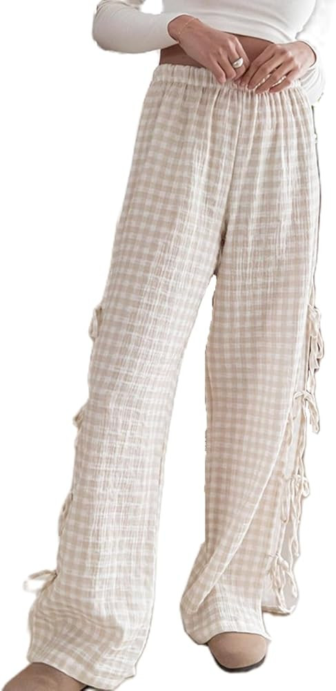 Women Casual Plaid Printed Long Pants Elastic High Waist Loose Fit Straight Wide Leg Trousers Y2K... | Amazon (US)